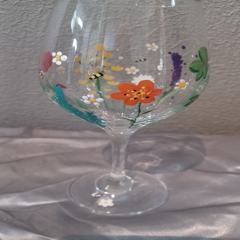 Hand Painted Floral Wine Glass