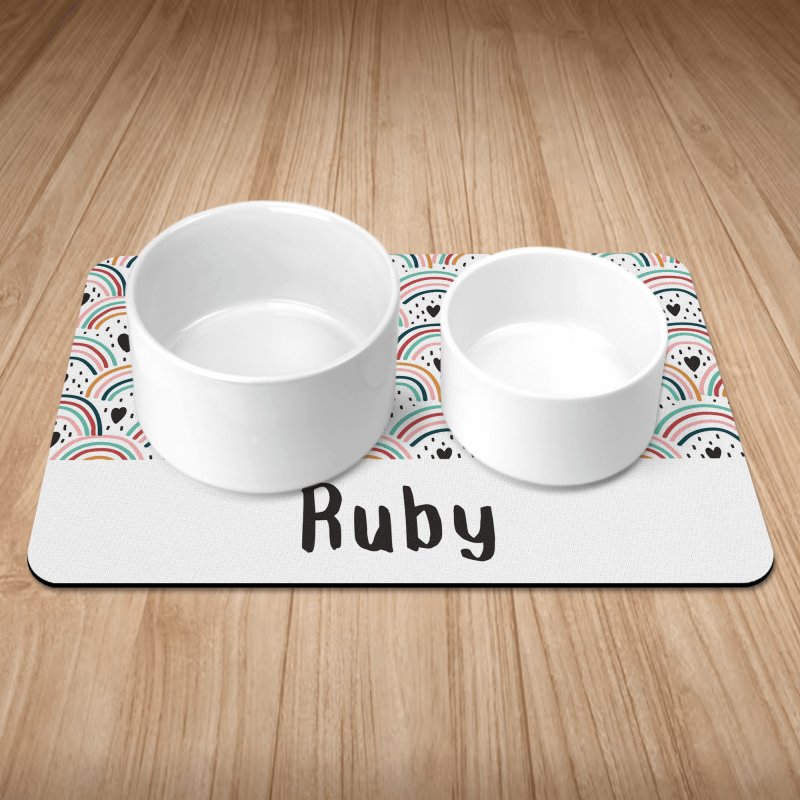 Personalised Boho Rainbow Print Puppy/Dog Bowl Mat