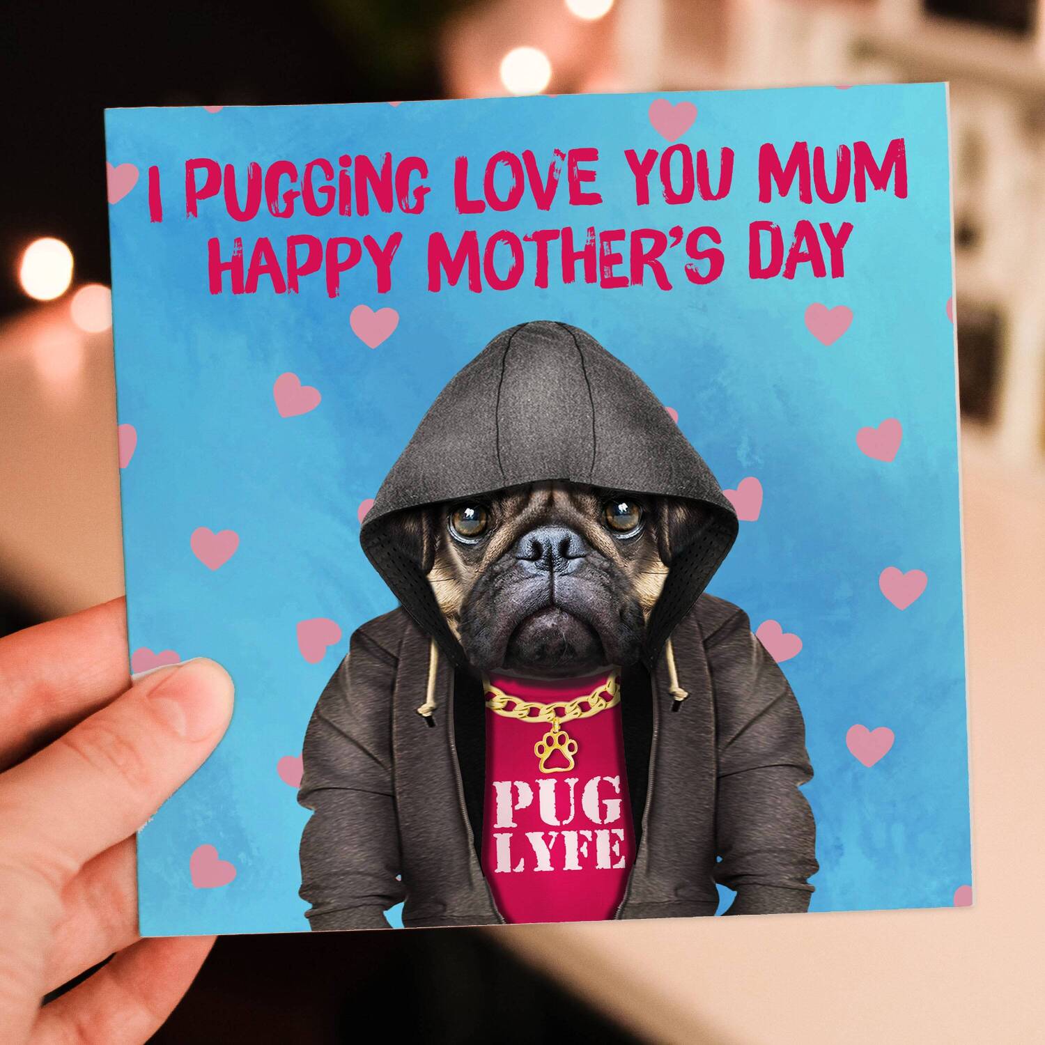 I pugging love you mum, mom pug, dog in clothes Mother's Day card for mother from son, daughter (Animalyser) (Size A6/A5/A4/Square 6x6") - A6: Single card - Mum