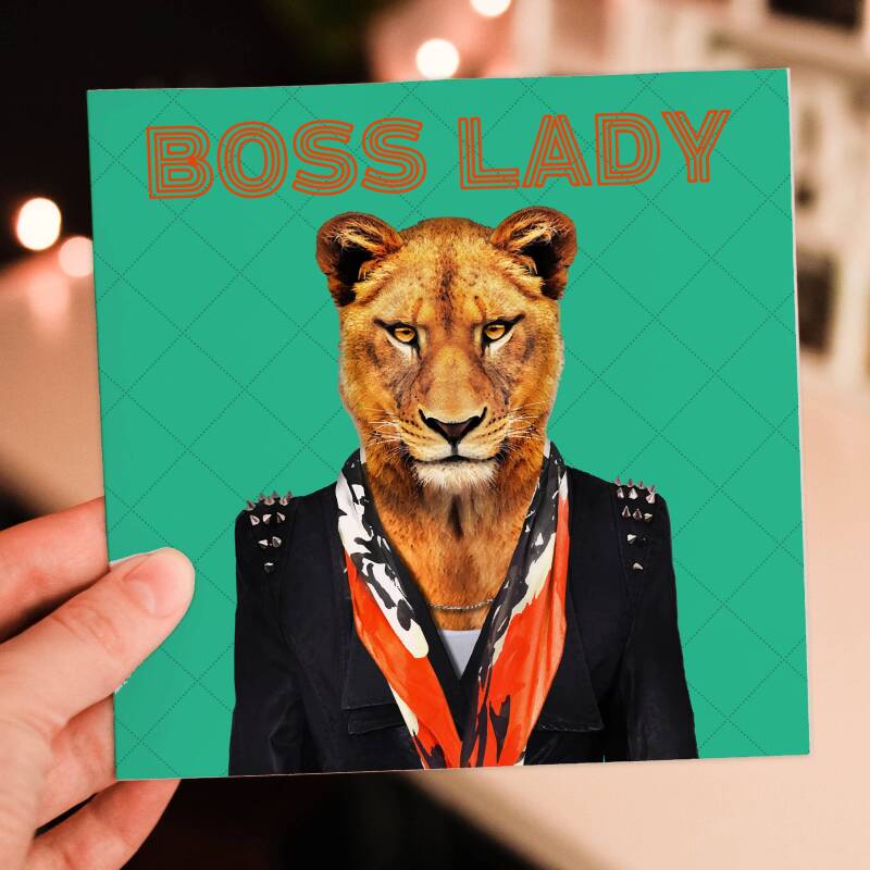 Boss Lady lioness new job animal in clothes card for female colleague, girlfriend, wife, partner, girl (Animalyser) Size A6/A5/A4/Square - A6: Single card