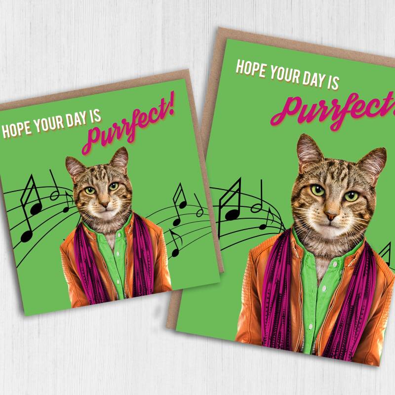 Hope your day is purrfect funny cat in clothes, from the pet, kitten birthday card for friend (Animalyser) (Size A6/A5/A4/Square 6x6") - A6: Single card