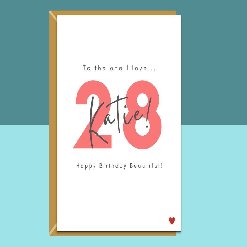 28th Birthday Card - personalised - for girlfriend, wife, Fiance - The one I love - 28 year old - Blank inside - Small