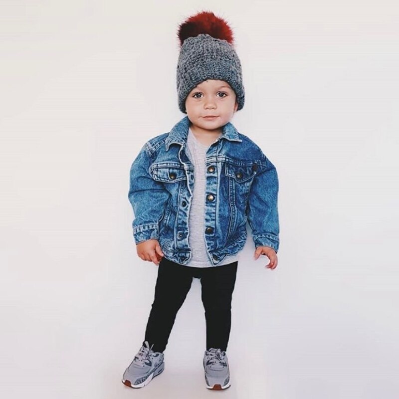 Childs hat with XL faux fur pom-pom