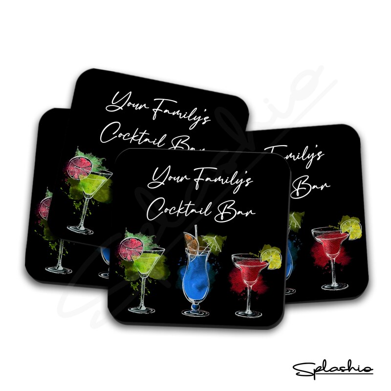 Personalised Bar Runner Mat, Custom Beer Mats & 4 x Drinks Coasters Gift Set Garden Bar Sets/ Personalised Mats Home Bar Family Name Bar Mat - Set of 4 Coasters