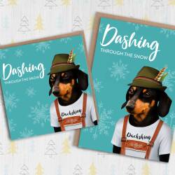 Dashing through the snow dachshund in clothes, dog Christmas, Holidays, Xmas, festive card (Animalyser) (Size A6/A5/A4/Square 6x6") - A6: Single card