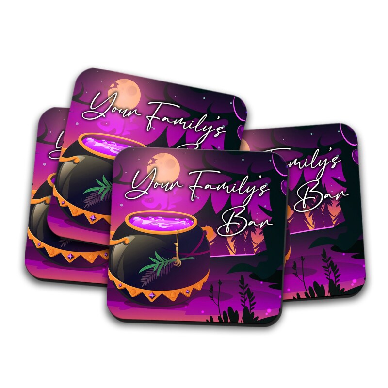 Personalised Halloween Bar Runner Mat, Custom Beer Mats & 4 x Drinks Coasters Gift Set Bar Sets / Personalised Mats Home Bar - Personalised - Set of 4 Coasters