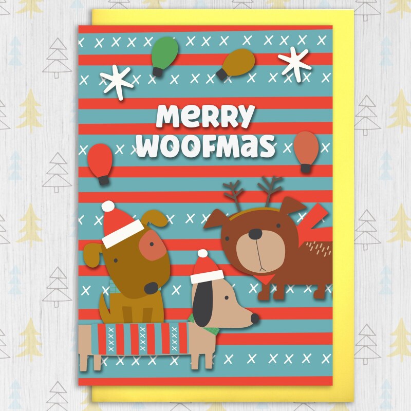 Merry Woofmas funny, cute dog, puppy, doggy, pet, dog owner, lover Christmas, holidays, festive card (Size A6/A5/A4/Square 6x6") - A6: Single card