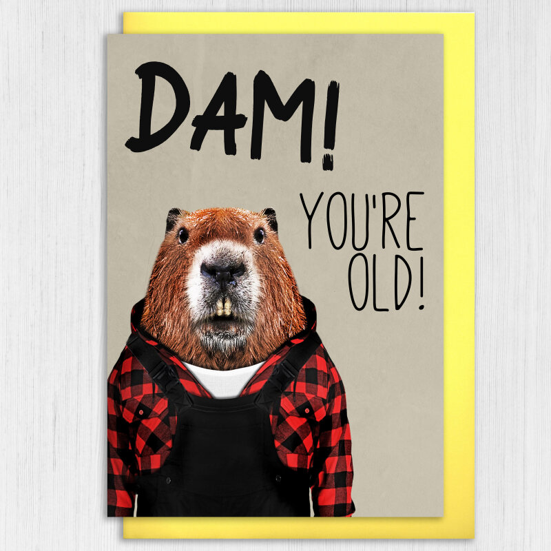 Dam! You're old! Beaver in clothes old age, pensioner, old person, old man, old lady birthday card (Animalyser) (Size A6/A5/A4/Square 6x6") - A6: Single card