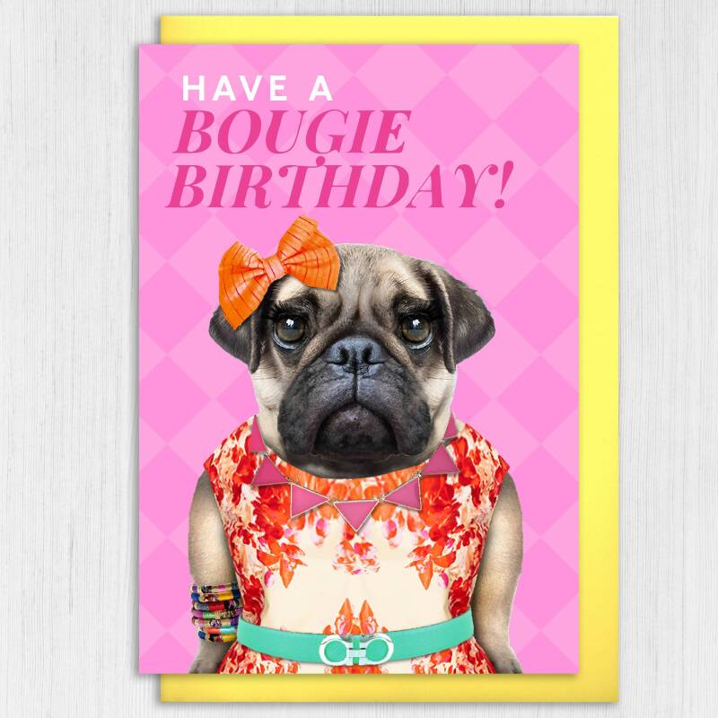 Have a Bougie Birthday pug dog animal in clothes card for female, girlfriend, wife, partner, girl, gal pal (Animalyser) Size A6/A5/A4/Square - A6: Single card