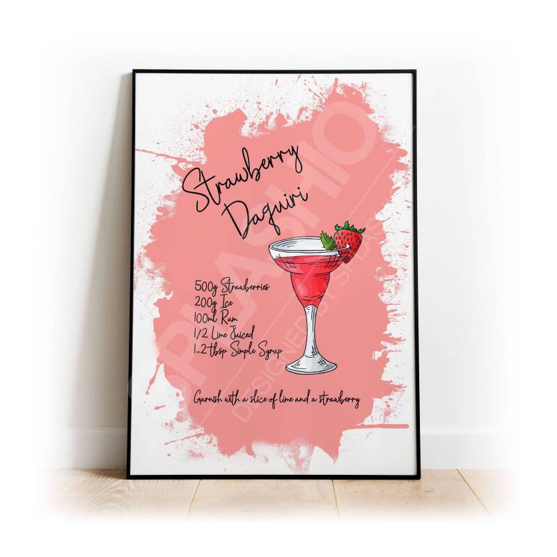 STRAWBERRY DAQUIRI Recipe Art Print, High Gloss Print, Cocktail Art, Home Decor, Home Bar Custom Drink Art Daquiri Cocktail - Hand Drawn - A6