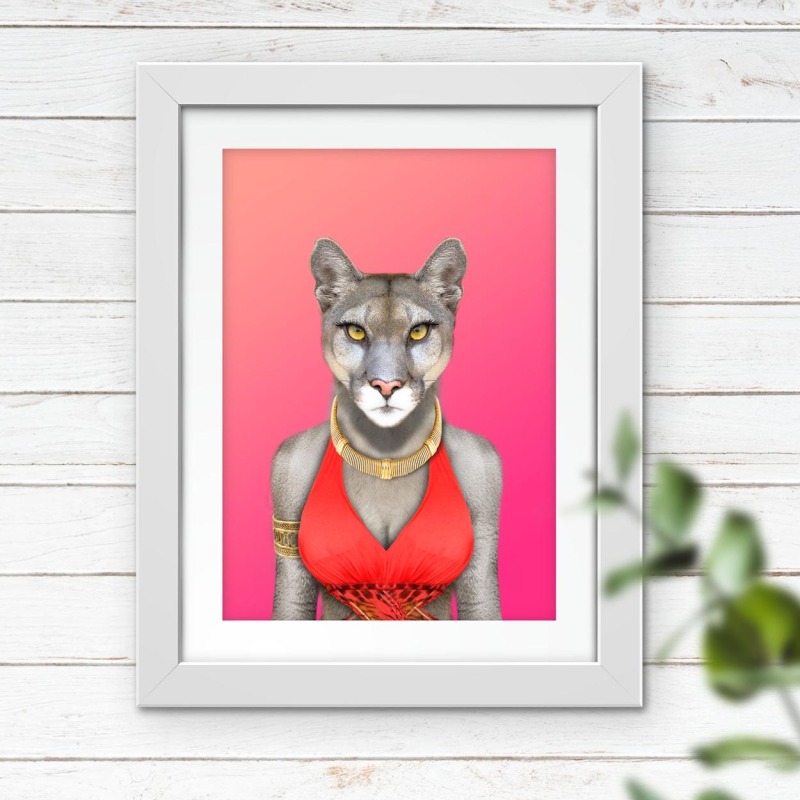 Cougar in clothes, animal print, wall art - A5 - Glossy - Green