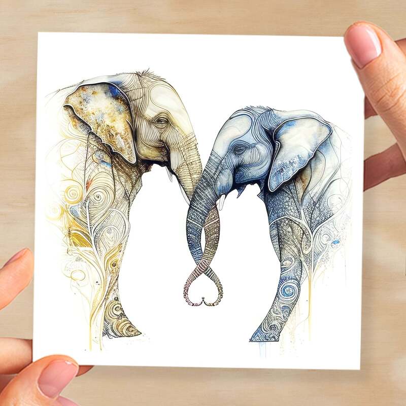 Anniversary or Valentine's Day Card For Wife Anniversary Card For Husband Boyfriend or Girlfriend Valentines Card For Him or Her Elephants - Square (6x6) / Blank Message