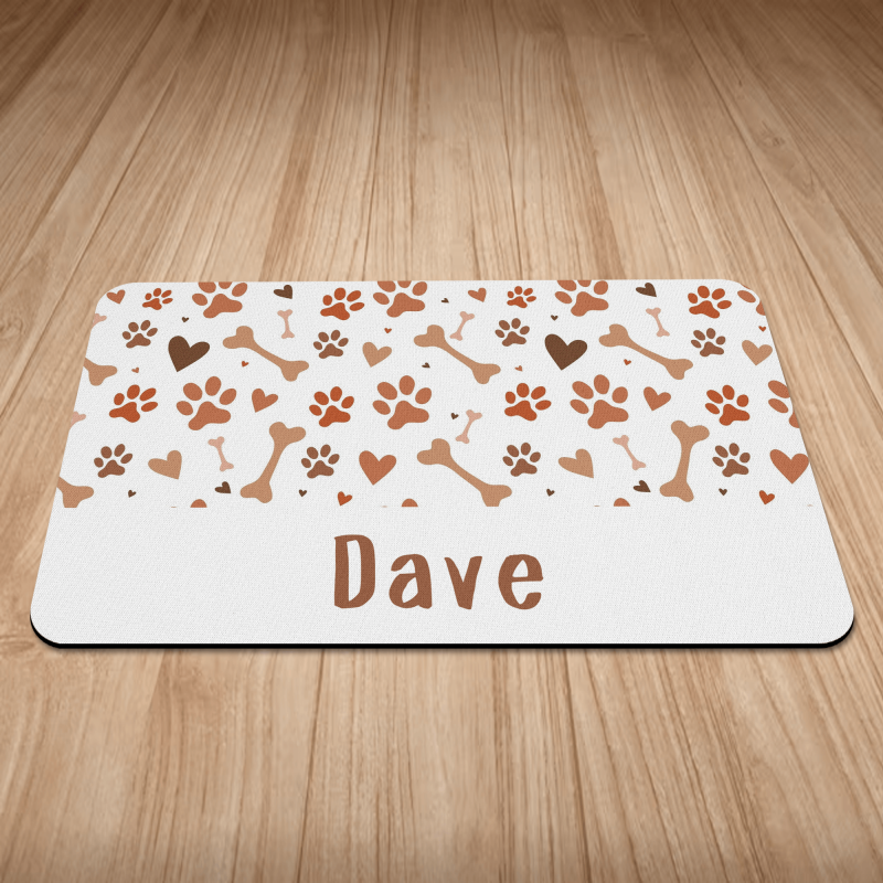 Personalised Brown Paw & Bone Print Puppy/Dog Bowl Mat