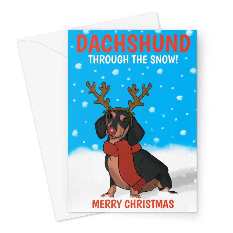 Merry Christmas Card - Funny Dachshund Through The Snow Dog - A5 Greeting Card - A5 Portrait - 1 Card