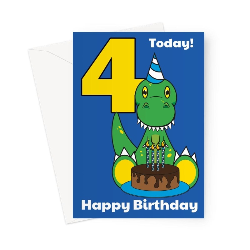 Cute Dinosaur 4th Birthday Card For Boy - A5 Portrait - 1 Card