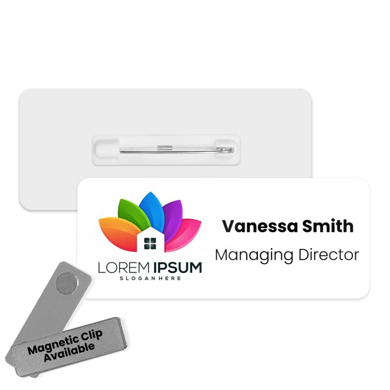 Business Name Badges Custom logo  Personalised Premium Durable Name Badge Your Business Logo - Corporate Name Badges. Custom Business Badges - Thin - 76 x 25mm - Digital Sample