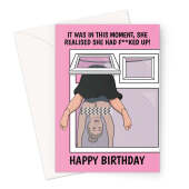 Funny Birthday Card - Woman Hanging Upside Down From Window