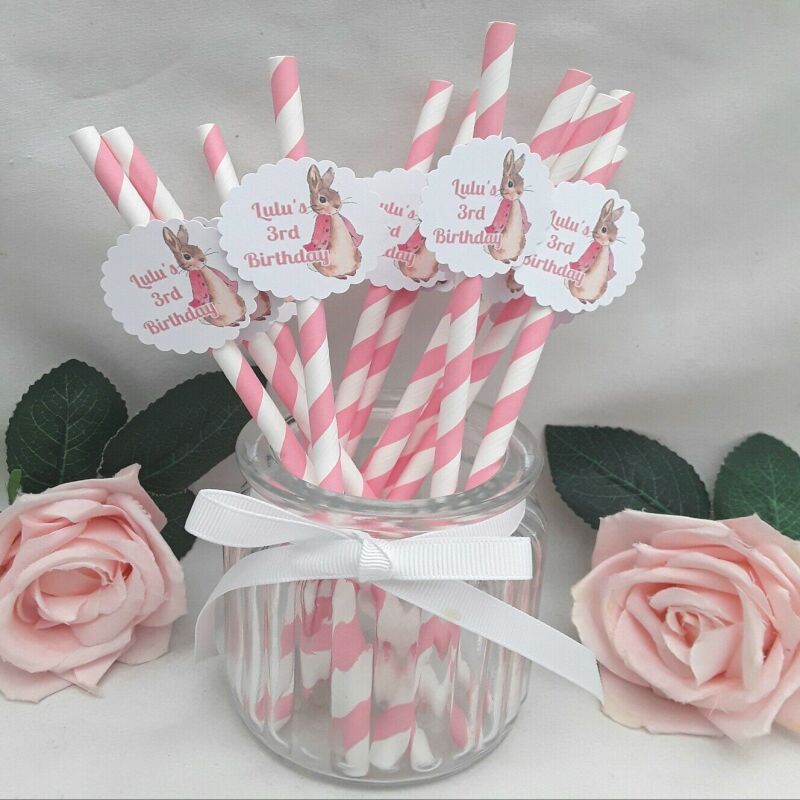 6 Personalised Flopsy Bunny Straws,ANY AGE Flopsy Birthday,Peter Rabbit Straws - Pink