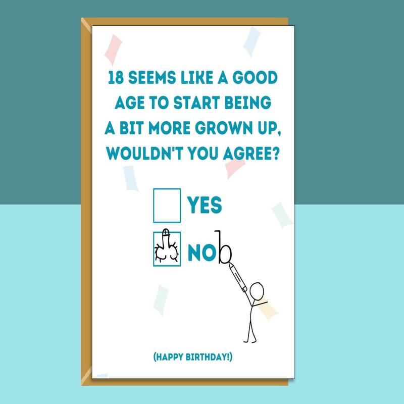 Funny 18th Birthday Card - Personalised inside if required - For Him or For Her - Perfect greetings card for someone turning 18 years old - Blank inside - Small