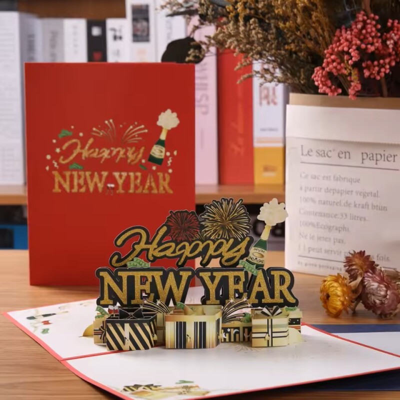 Happy New Year 3D Champagne & Fireworks Popup Card