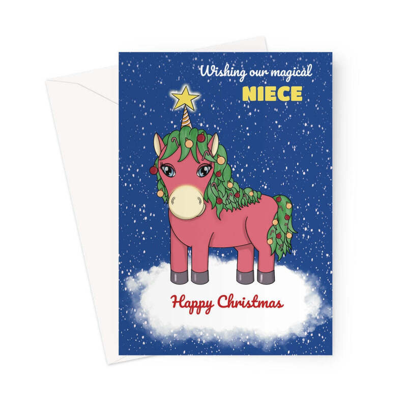 Cute Niece Christmas Card - Festive Unicorn - A5 Portrait - 1 Card