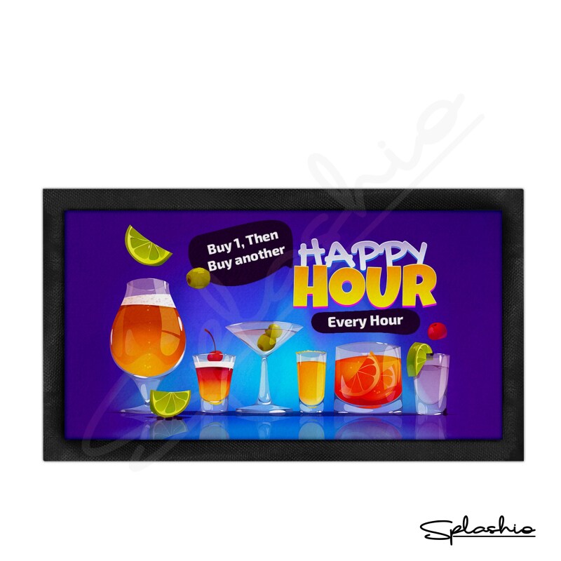 Bar Runner Mat, Happy Hour - Cocktail Bar Custom Beer Mats & 4 x Drinks Coasters Funny Garden Bar Sets / Personalised Mats Home Cocktails - Set of 4 Coasters