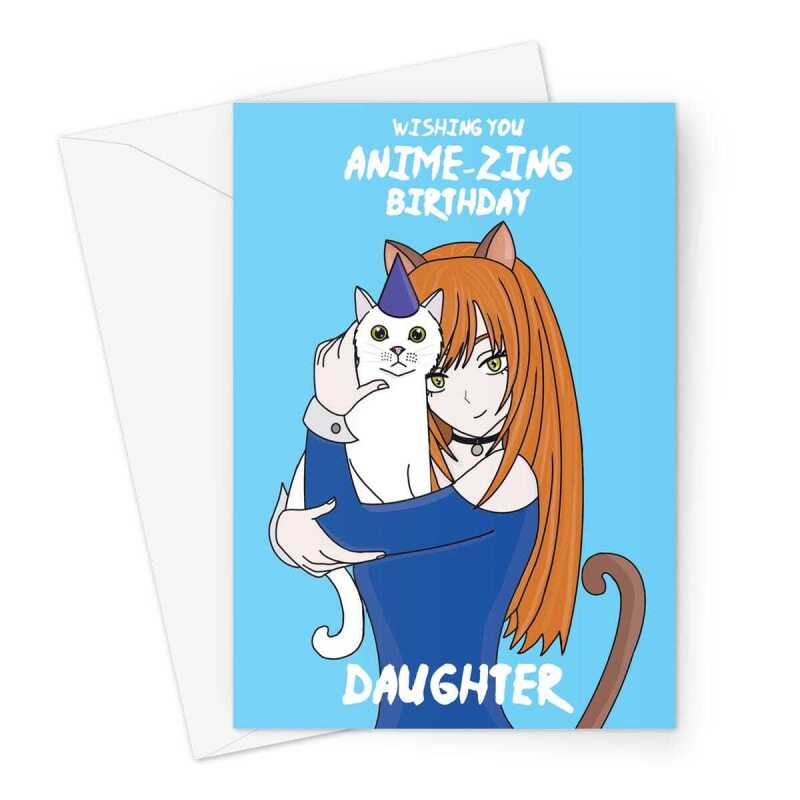 Happy Birthday Card For Daughter - Anime & Manga Cat Girl - A5 Greeting Card - A5 Portrait - 1 Card