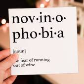 Dictionary definition of novinophobia, fear of running out of wine, alcohol theme birthday card for male, female (Size A6/A5/A4/Square 6x6")