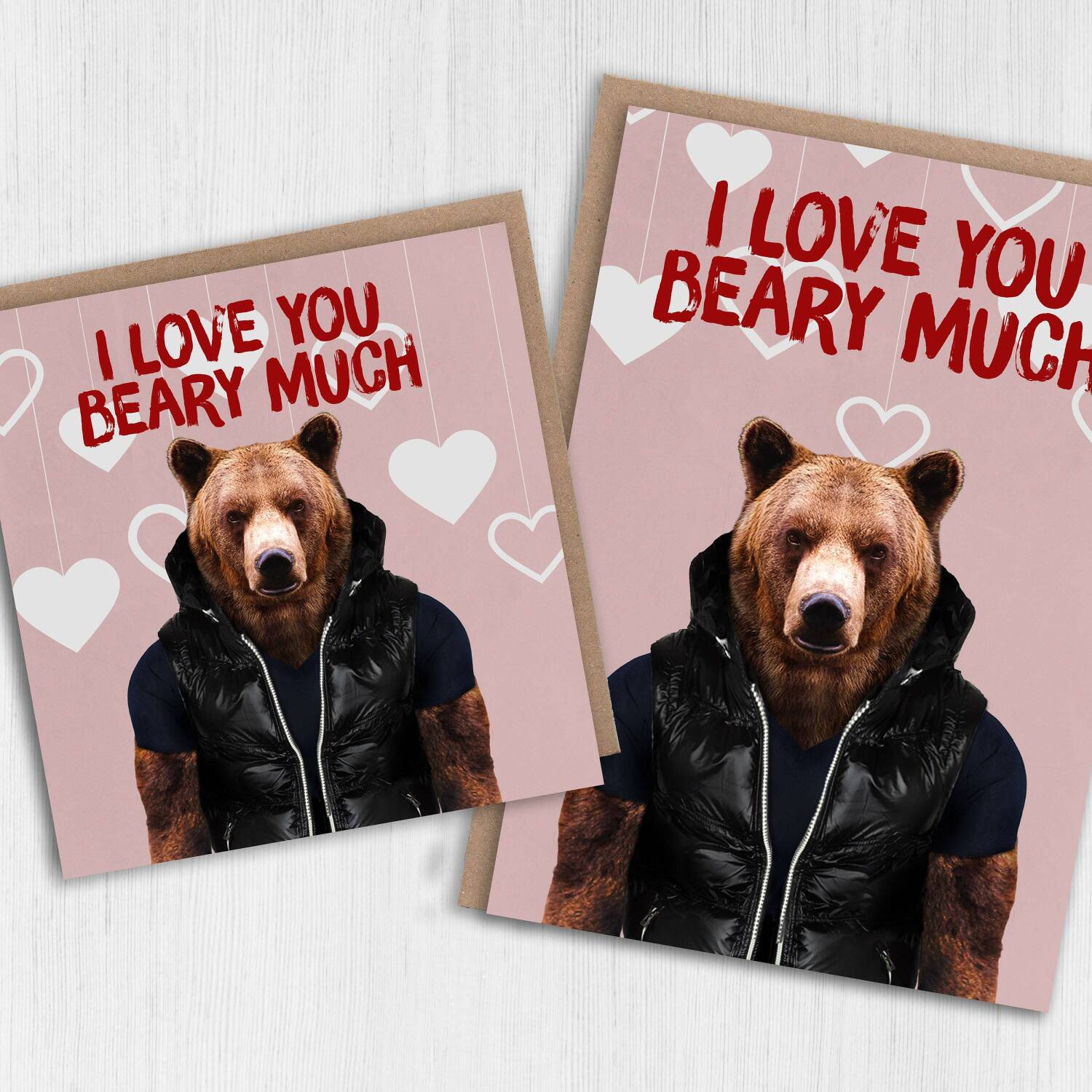 I love you beary much bear in clothes Valentine's Day, love, bear pun card for husband, wife, partner (Animalyser) Size A6/A5/A4/Square 6x6" - A6: Single card