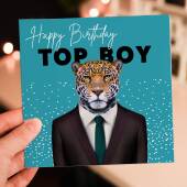 Happy Birthday Top Boy Jaguar animal in clothes card for boyfriend, husband, male, brother (Animalyser) Size A6/A5/A4/Square