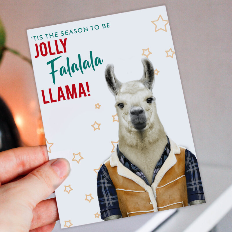 Tis the season to be jolly, Falalala Llama animal in clothes Christmas, Holidays, Xmas, festive card (Animalyser) Size A6/A5/A4/Square 6x6" - A6: Single card