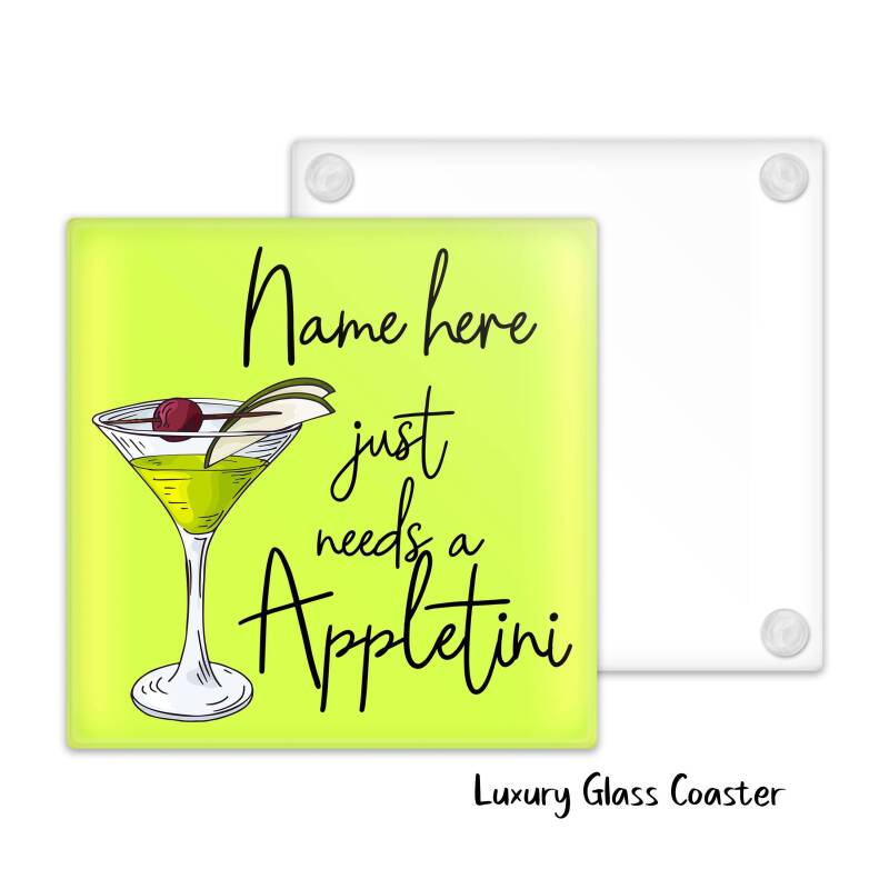 Appletini Luxury Glass Coaster Cocktail Personalised Coaster, Personalised, Fathers Day gift, Christmas Coaster, Birthday Gift, Home Bar. - Single Coaster