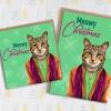 Meowy, Merry Christmas cute cat in clothes, kitten, feline Christmas, Holidays, Xmas, festive card (Animalyser) (Size A6/A5/A4/Square 6x6") - A6: Single card