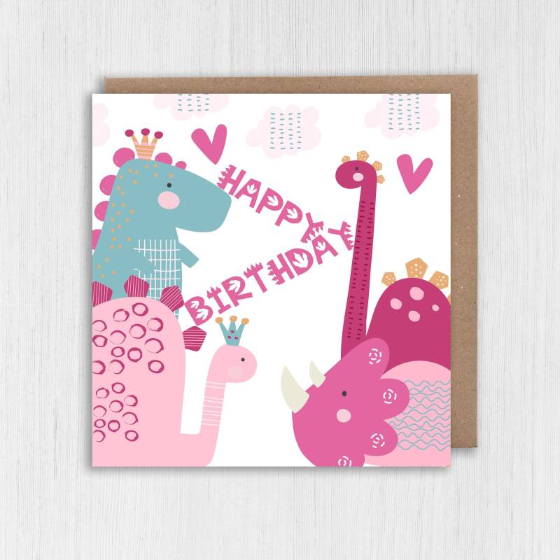 Pink dinosaurs, dino birthday card for children, child, kid, boy, girl, daughter, granddaughter, niece (Size A6/A5/A4/Square 6x6") - A6: Single card