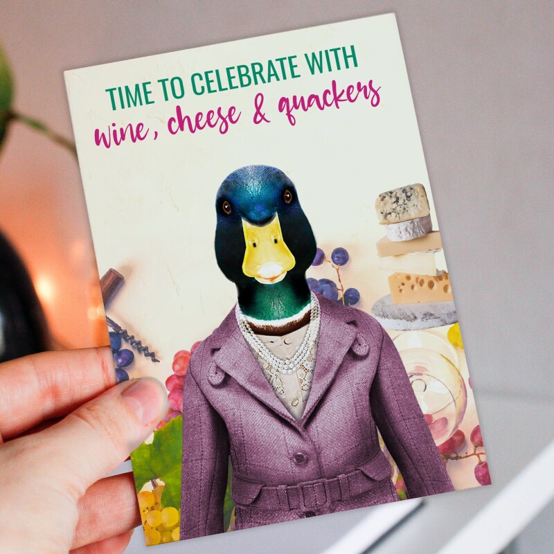Time to celebrate with wine cheese and quackers duck in clothes congratulations, well done, graduation (Animalyser) Size A6/A5/A4/Square 6x6 - A6: Single card