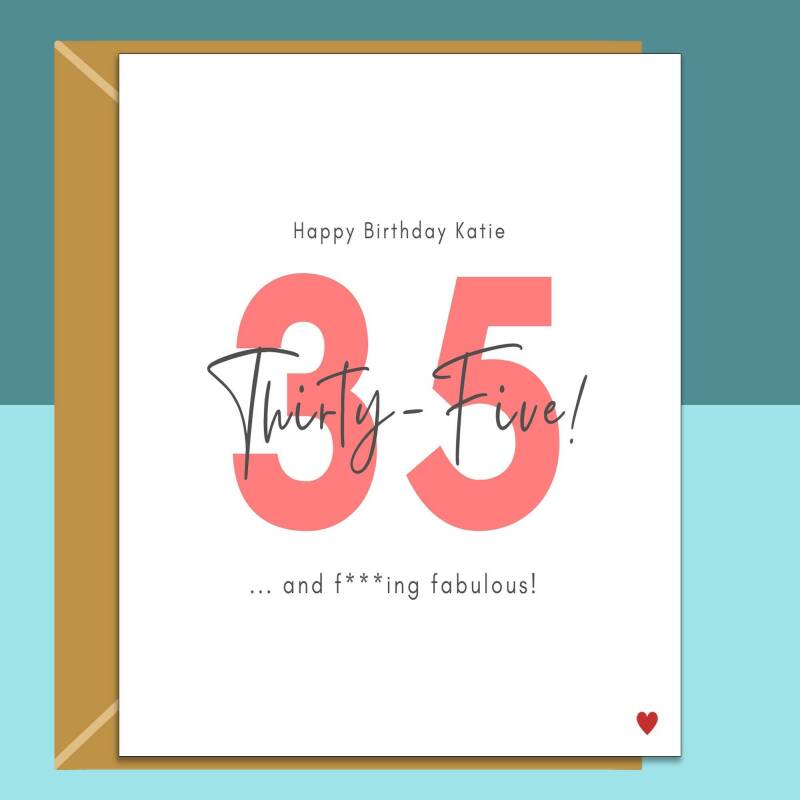 Funny 35th Birthday Card - Personalised - For Her or For Him - Perfect greetings card for a friend or someone else turning 35 years old. - Blank inside - Small