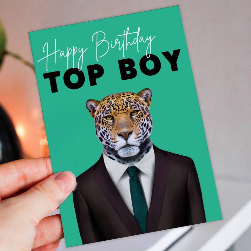 Happy Birthday Top Boy Jaguar animal in clothes card for boyfriend, husband, male, brother (Animalyser) Size A6/A5/A4/Square - A6: Single card