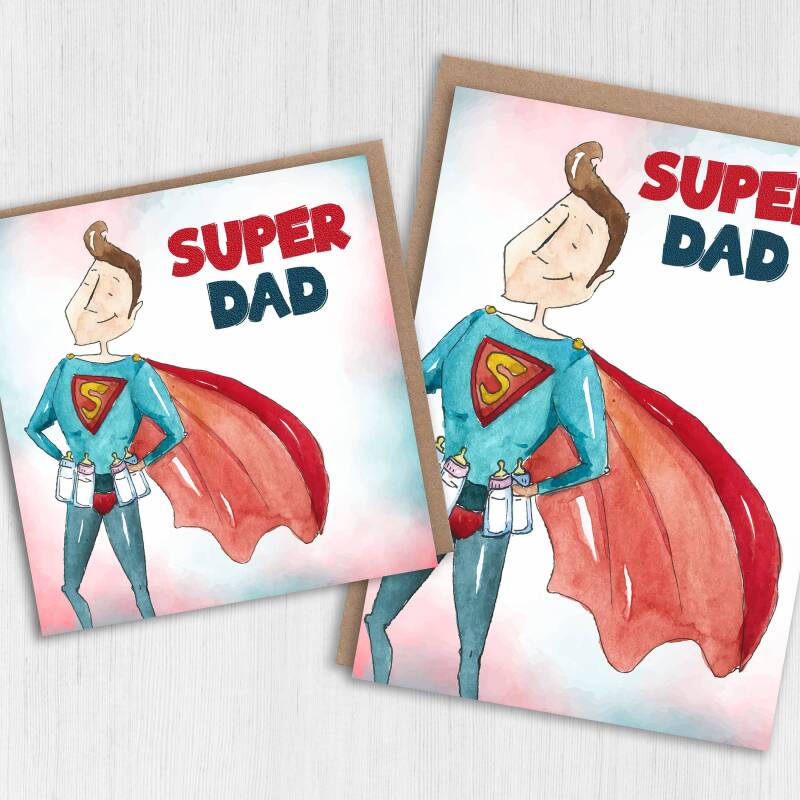 Super Dad watercolour effect superhero Father’s Day card for dad, daddy, father from son, daughter, children (Size A6/A5/A4/Square 6x6") - A6: Single card