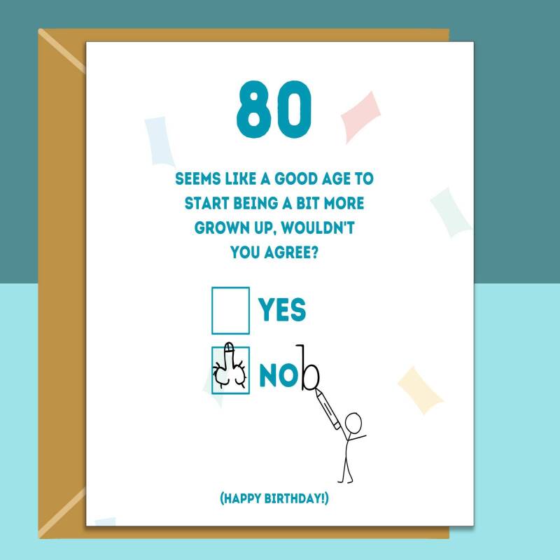 Funny 80th Birthday Card - Personalised - For Him or Her - Ideal greetings card for dad, mum, grandad, grandma, anyone turning 80 years old - Blank inside - Small