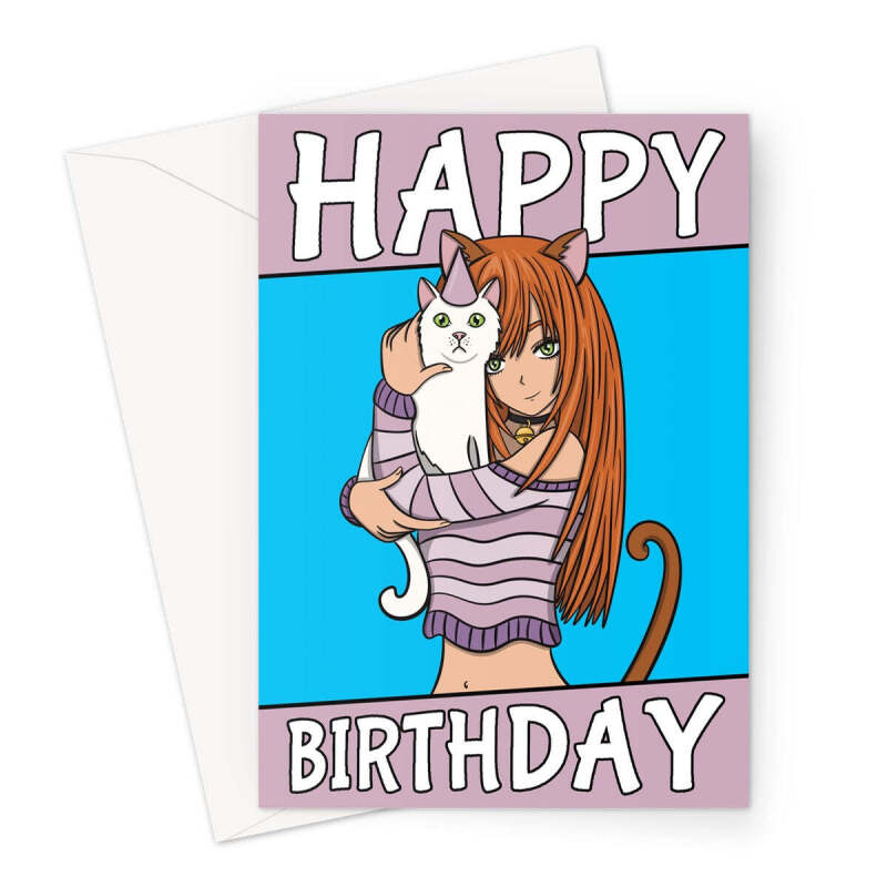 Anime Birthday Card - Cute Cat Girl - A5 Portrait - 1 Card