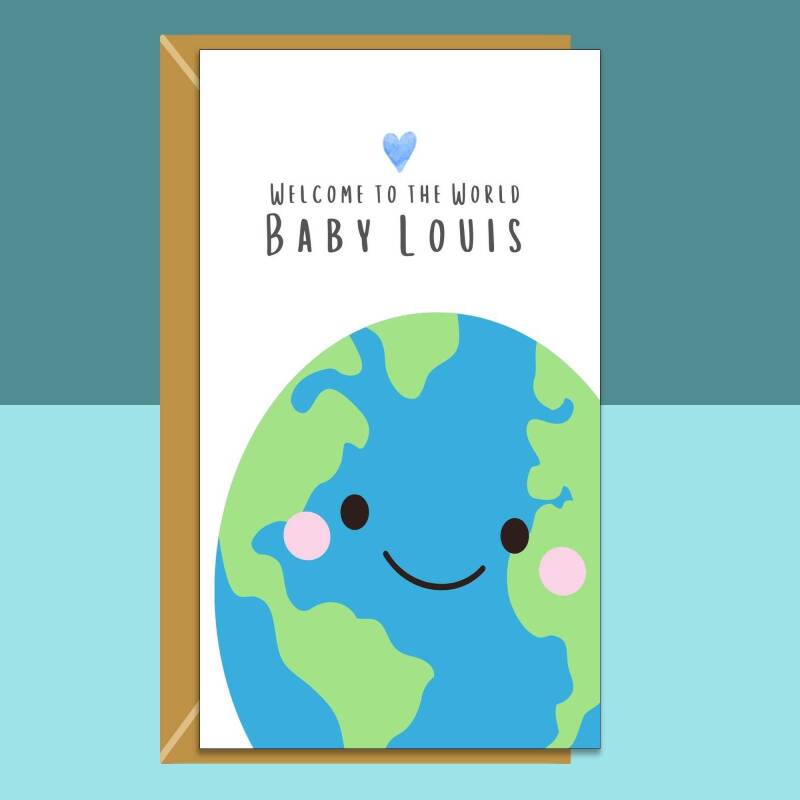 Personalised New Baby Boy Card - For Him - Welcome to the World - Customised Card - Blank inside - Small