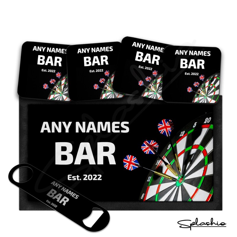 Personalised Bar Runner Mat, Darts Home Bar Opener & 4 x Drinks Coasters Gift Set Garden Bar Sets / Personalised Mats Home Bar - Darts Gift - Set of 4 Coasters