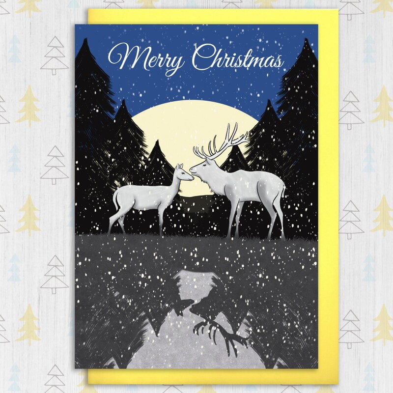 Merry Christmas personalised with names reindeer winter scene Holidays, Xmas, festive card for couple, friends, parents (Size A6/A5/A4) - A6: Single card