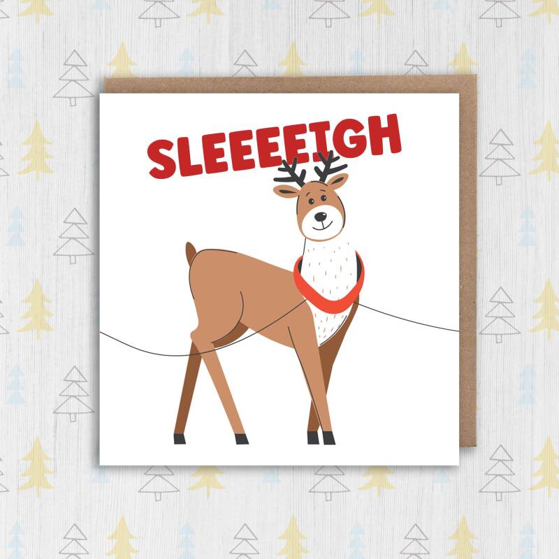 Sleeeeigh funny reindeer slay LGBTQ+ gay, lesbian Christmas card for adults, male, female, friends, mates (Size A6/A5/A4/Square 6x6") - A6: Single card