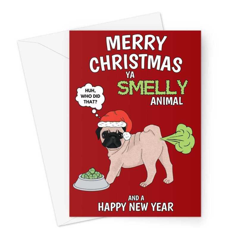 Merry Christmas Card - Funny Farting Pug Dog - A5 Greeting Card - A5 Portrait - 1 Card