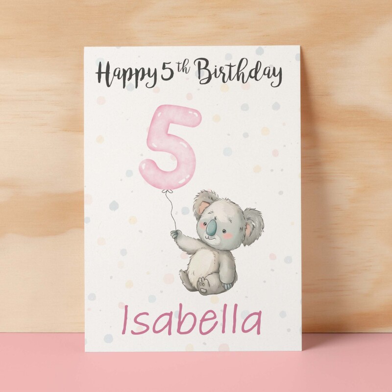 Personalised 1st, 2nd, 3rd, 4th, 5th Birthday Card for Daughter, Granddaughter, Niece, Goddaughter Girls Koala Card - 1 - One - Blank Message