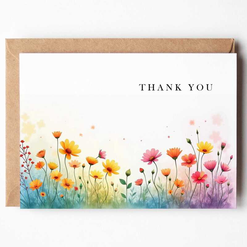 Thank You Cards, Wildflower Watercolour Thank You Card Set, Floral Multipack Notelet Card Pack, Simple Floral watercolour thank you cards - A6 - 4.1" x 5.8"