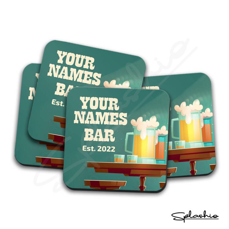 Personalised Bar Runner Mat, Custom Beer Mats & 4 x Drinks Coasters Gift Set Garden Bar Sets / Personalised Mats Home Bar Western Bar Mat - Set of 4 Coasters