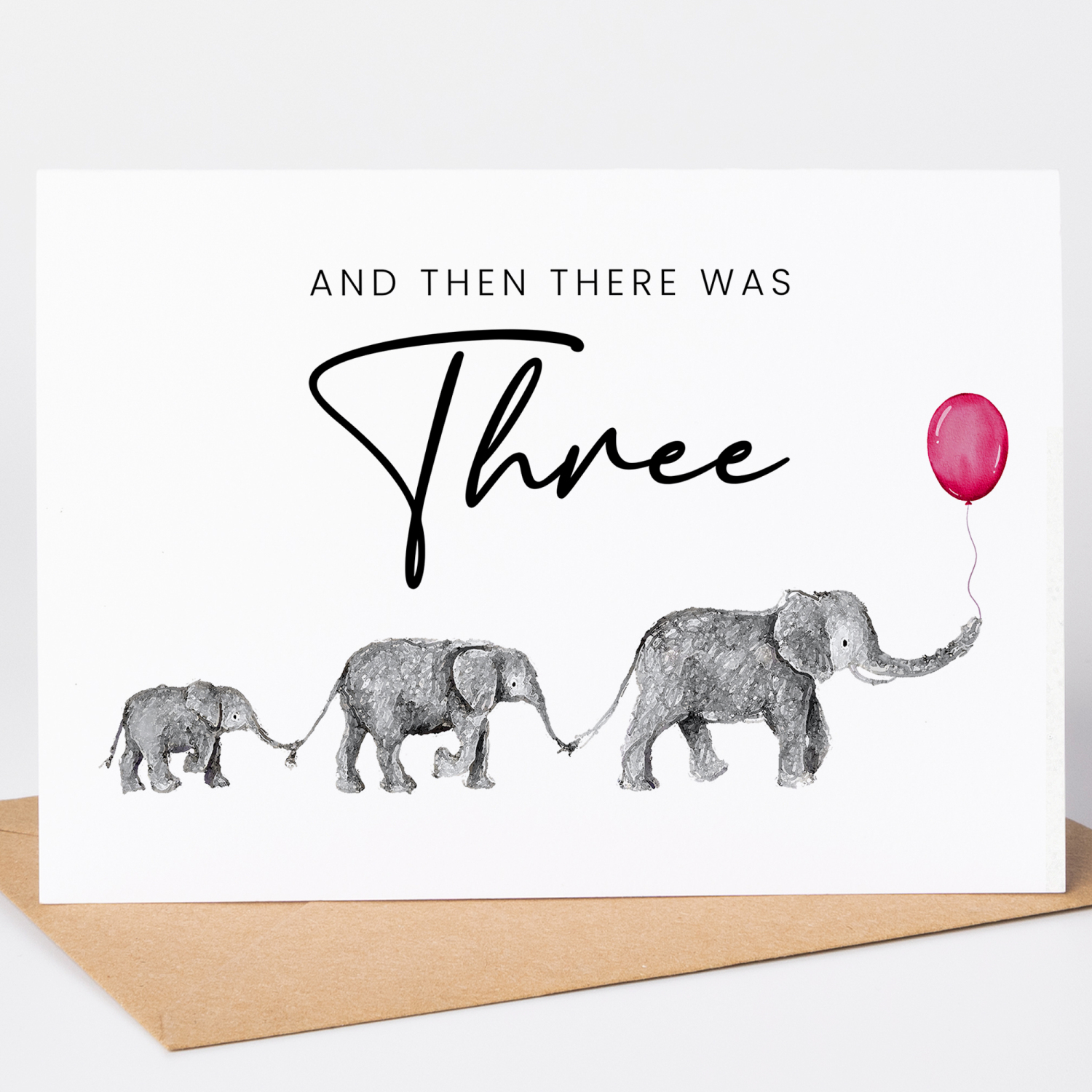 And then there was three, pregnancy announcement Elephant card - A6 - 4.1" x 5.8"
