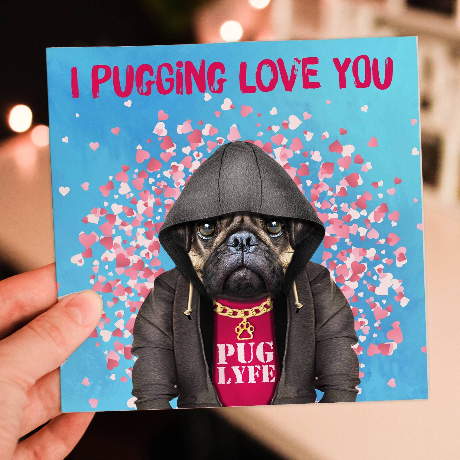 I pugging love you pug in clothes Valentine's Day card for wife, husband, girlfriend, boyfriend (Animalyser) (Size A6/A5/A4/Square 6x6") - A6: Single card